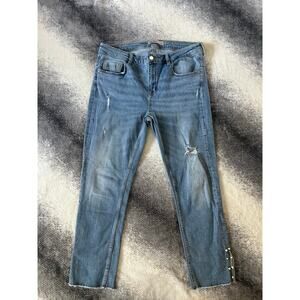 Zara Basic Z1975 Light Wash Straight Leg Split Hem Pearl Embellished Jeans 12